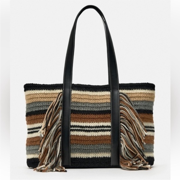 Zara limited edition stripped knit fringe shopper bag - Picture 2 of 7